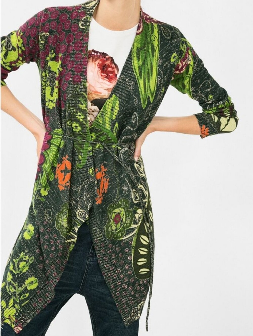 🌿 Desigual Botanical Floral Wrap Cardigan Sweater Tie Belt SZ GUC